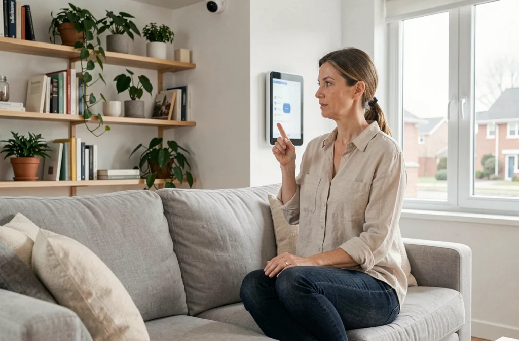 Femme configurant un système domotique de sécurité sur un panneau mural connecté dans un salon moderne
