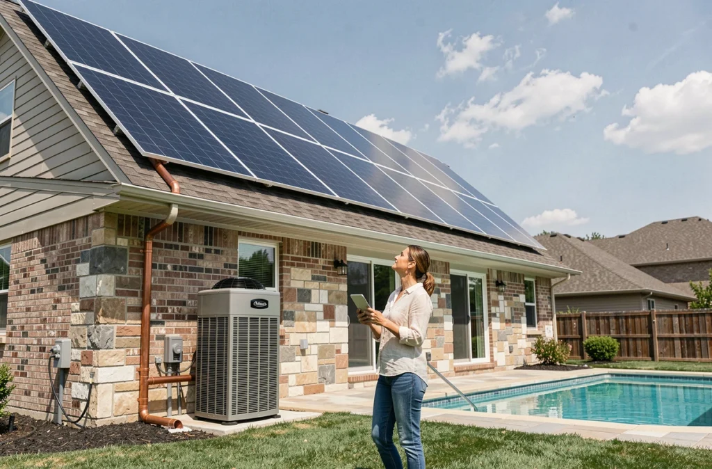 Femme observant des panneaux solaires connectés à une pompe à chaleur pour piscine sur le toit d'une maison