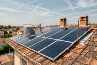 Panneaux solaires photovoltaïques installés sur un toit résidentiel connectés à un ballon d'eau chaude pour réguler la température de l'eau