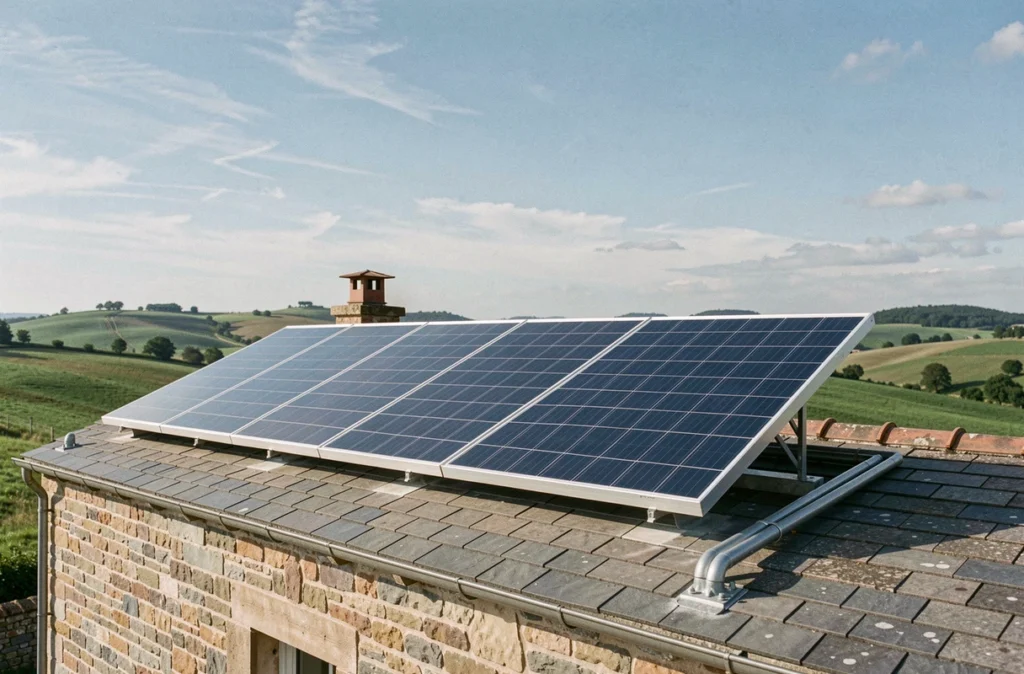 Panneaux solaires thermiques installés sur le toit d'une maison de campagne en pierre en France