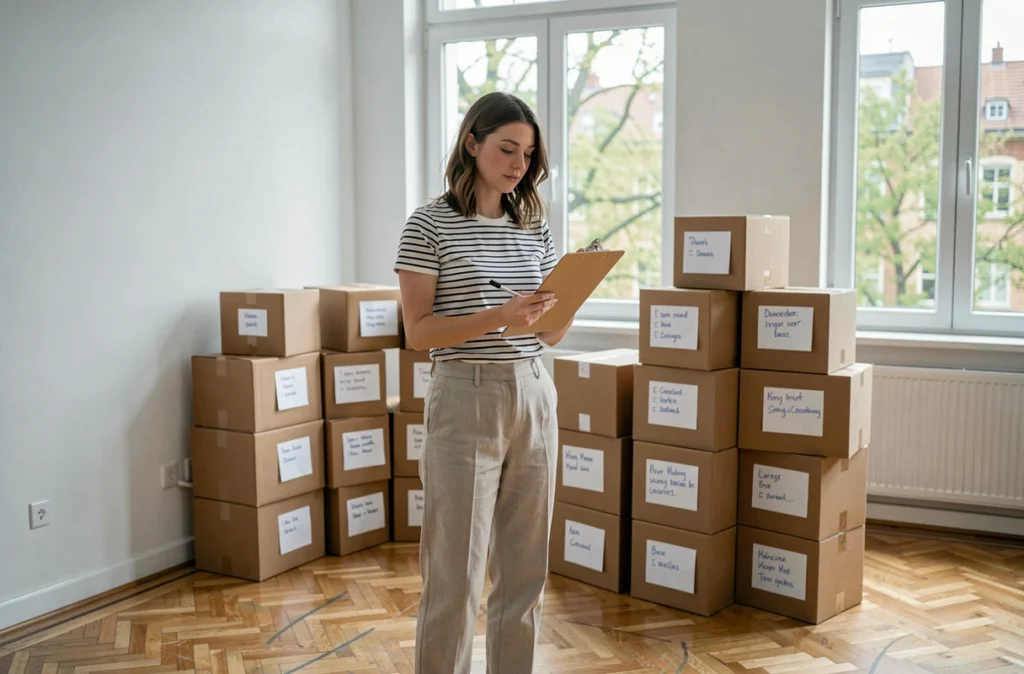 Femme consultant une liste de déménagement dans un appartement vide au printemps