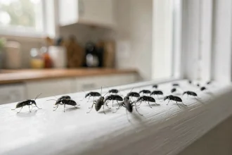 Petites bestioles noires sur le rebord d'une fenêtre de cuisine au printemps