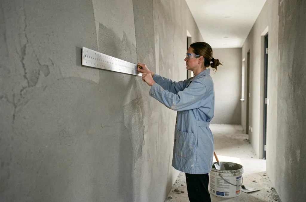 Plâtrière professionnelle vérifiant la planéité d'un enduit sur mur en parpaings avec une règle aluminium dans un couloir de chantier