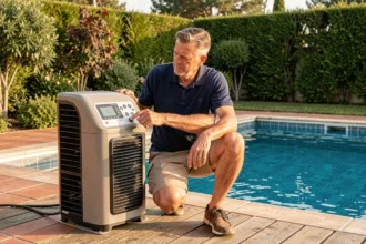 Homme inspectant une pompe à chaleur solaire installée sur la terrasse en bois d'une piscine résidentielle