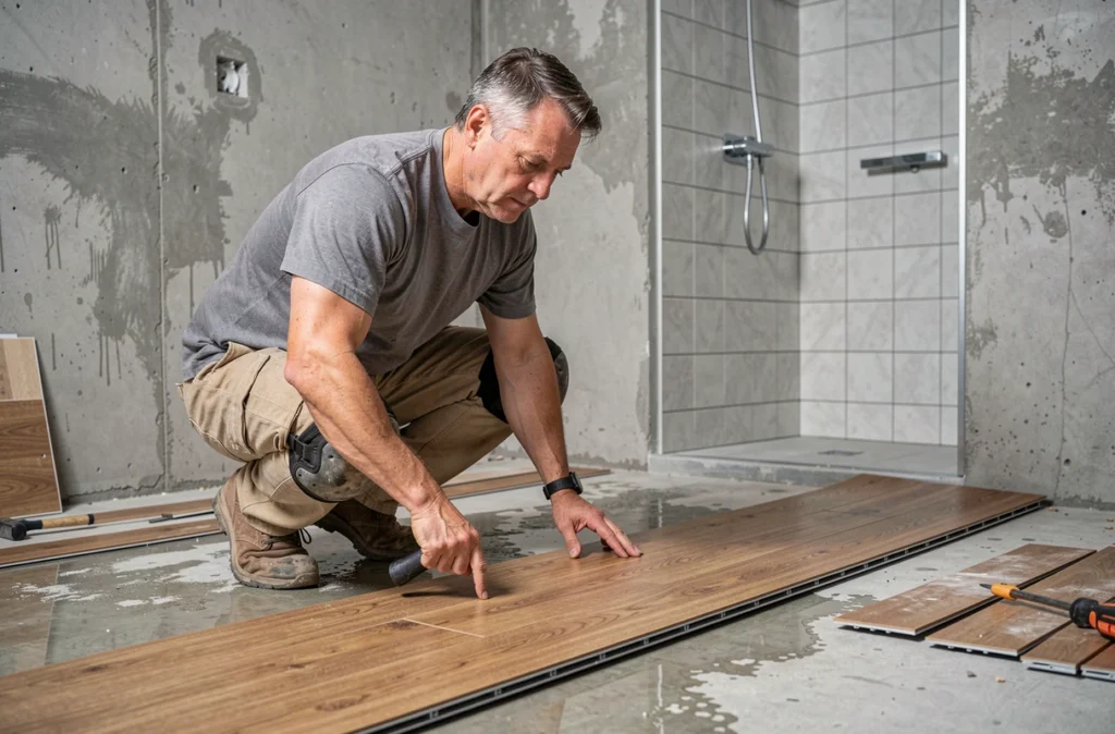 Artisan posant un revêtement vinyl waterproof dans une pièce humide en rénovation