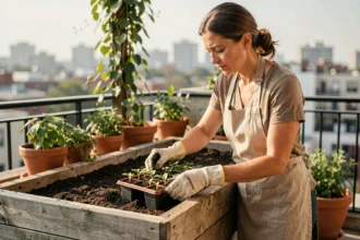 Femme installant des plants de légumes dans un bac hors sol en bois sur un balcon urbain