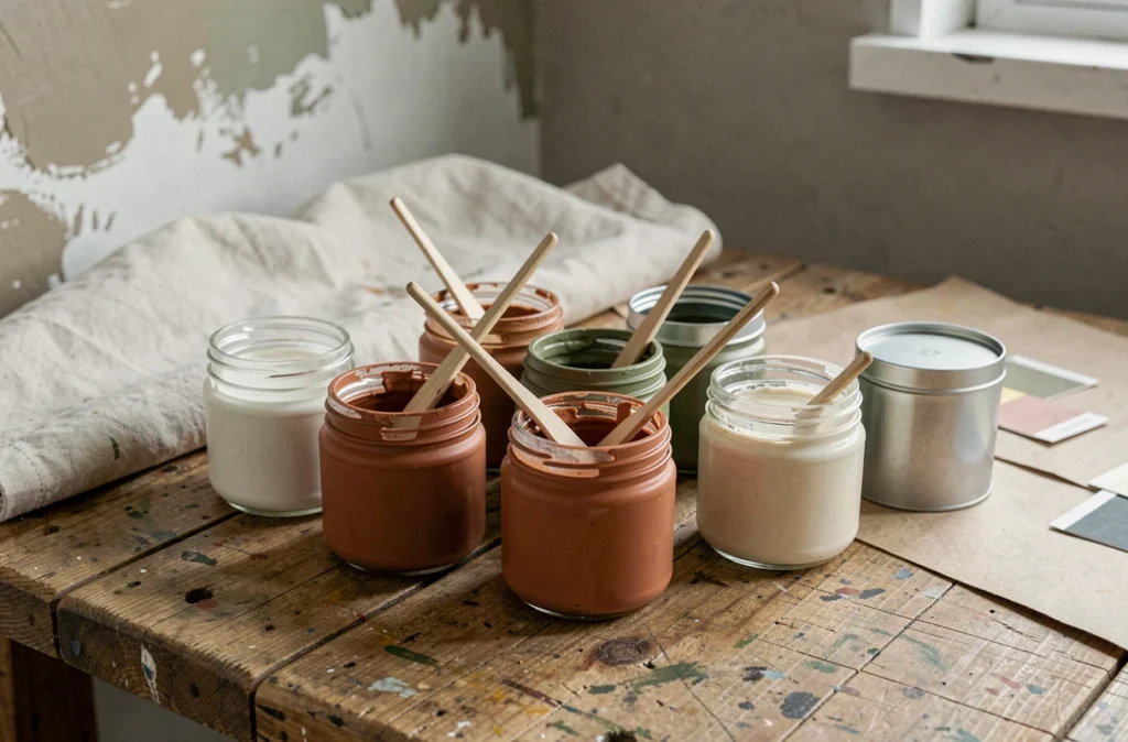 Pots de peinture naturelle et écologique aux tons terreux pour la rénovation d'un salon
