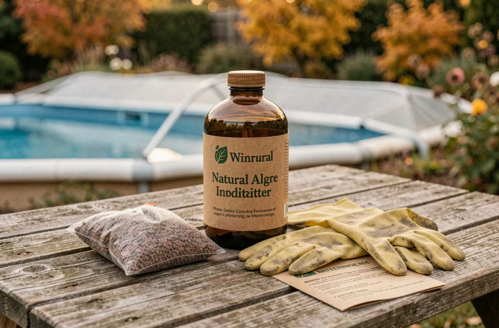Produits écologiques pour l'hivernage d'une piscine disposés sur une table en bois dans un jardin d'automne