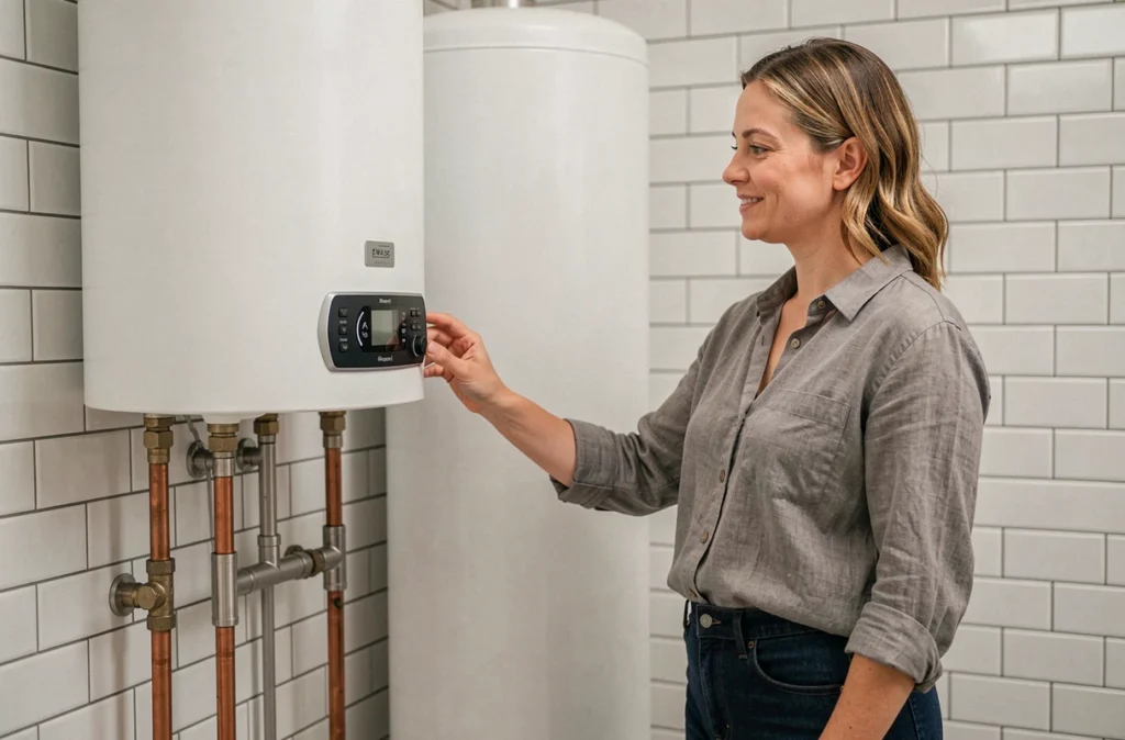Propriétaire inspectant son nouveau chauffe-eau solaire installé dans la salle de bain