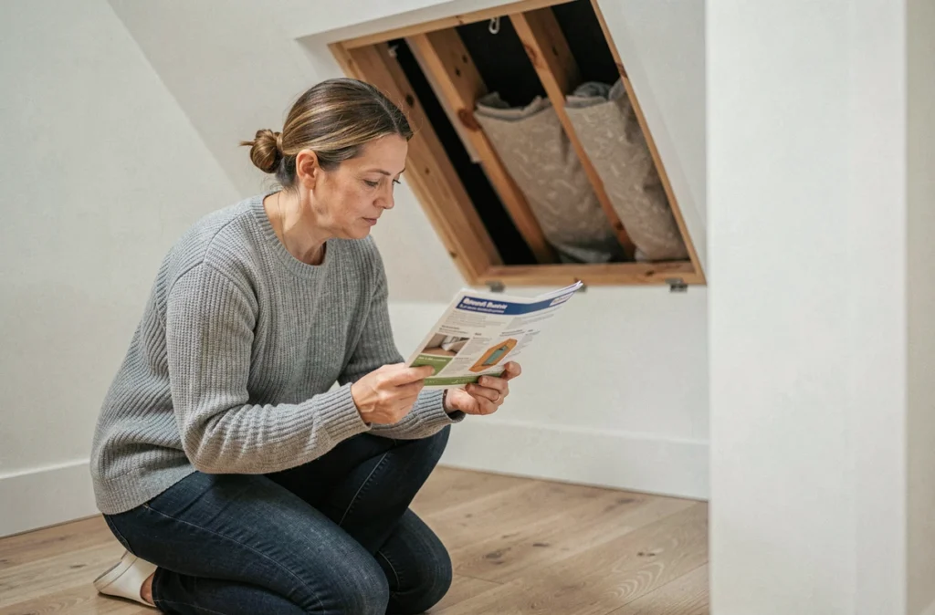 Propriétaire inspectant l'accès aux combles avant des travaux d'isolation thermique dans une maison moderne