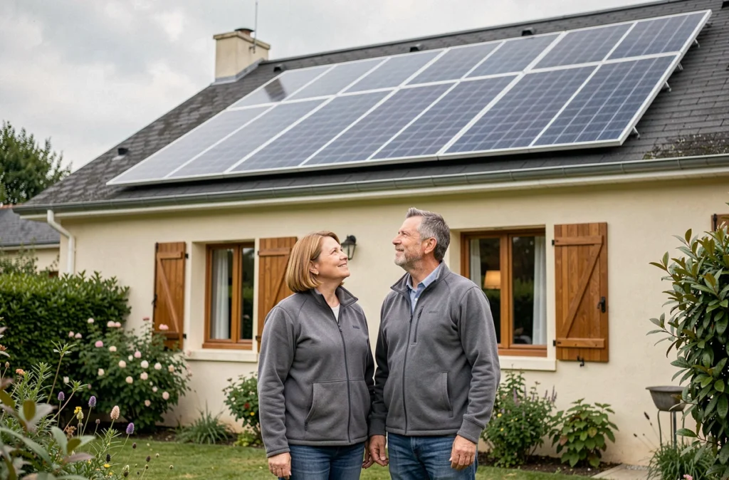 Couple de propriétaires admirant leur toiture rénovée équipée de panneaux solaires photovoltaïques dans leur jardin