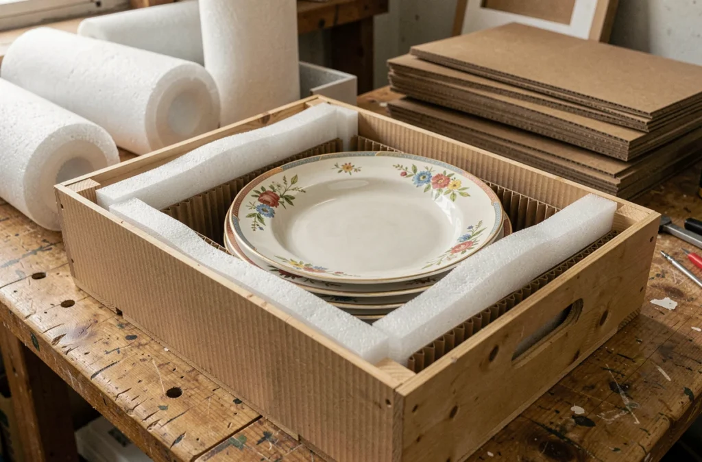 Gros plan sur des assiettes en porcelaine ancienne protégées par des séparateurs en mousse dans une caisse en bois