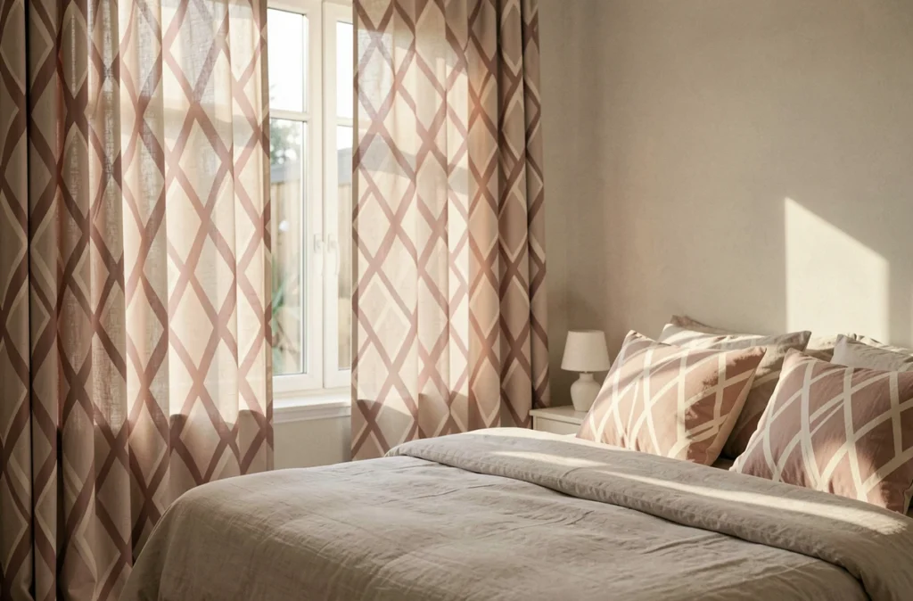 Chambre lumineuse avec rideaux transparents à motifs losanges géométriques en rose poudré et coussins assortis sur lit fait
