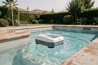 Robot nettoyeur solaire autonome glissant à la surface d'une piscine turquoise dans un jardin moderne