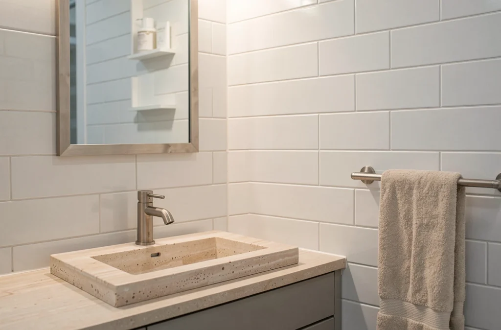 Salle de bain rénovée dans un appartement en ville avec carrelage moderne et robinetterie brossée