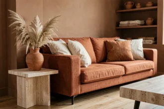 Salon contemporain aux tons terracotta avec canapé en lin rouille, vase céramique et table en travertin
