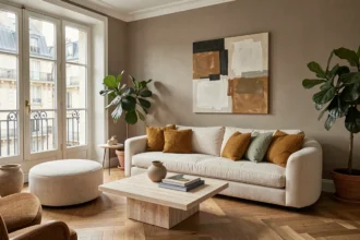 Salon moderne raffiné avec canapé en lin ivoire, table en travertin et parquet en chêne dans un appartement parisien haut de gamme