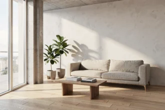 Salon moderne lumineux avec grande fenêtre sol-plafond laissant entrer la lumière naturelle sur un parquet en chêne clair