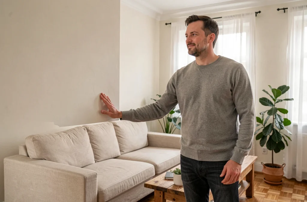 Salon rénové avec peinture écologique blanc cassé mat et décoration naturelle minimaliste