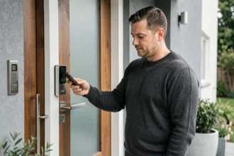 Homme utilisant son smartphone pour contrôler une serrure connectée à l'entrée de sa maison moderne