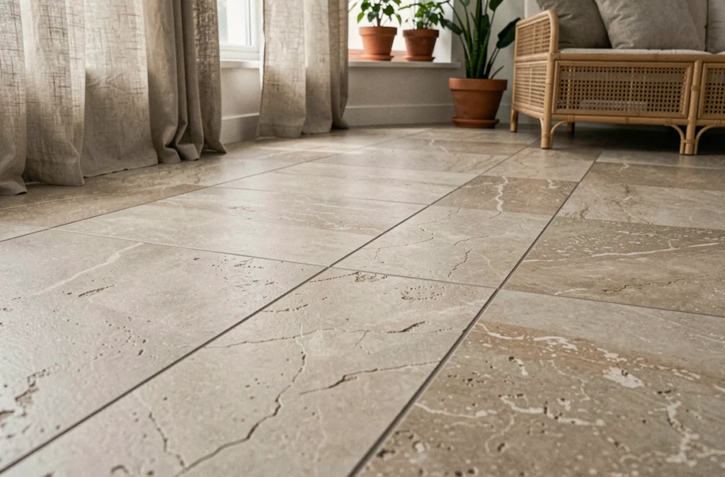 Sol en carrelage écologique effet pierre calcaire dans un intérieur rénové de façon durable