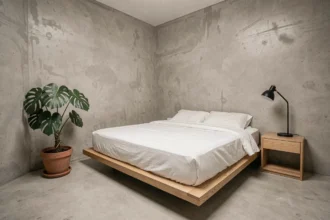 Intérieur minimaliste d'un studio parisien avec lit plateforme en bois, linge blanc et mur en béton brut