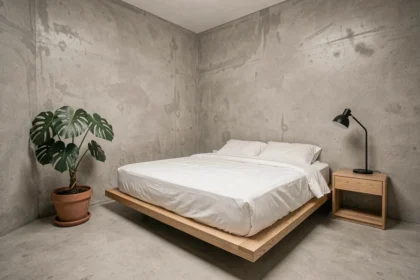 Intérieur minimaliste d'un studio parisien avec lit plateforme en bois, linge blanc et mur en béton brut