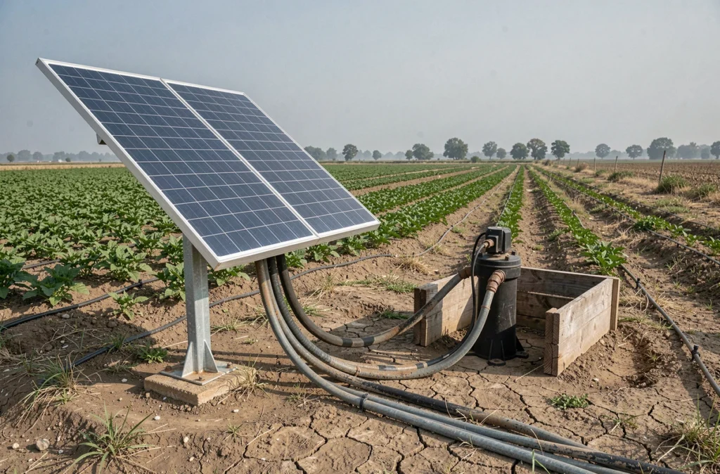 Système de pompe solaire autonome relié à un réseau d'irrigation goutte-à-goutte dans un champ agricole