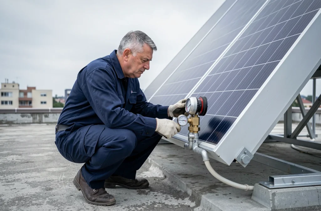 Technicien inspectant un chauffe-eau solaire sur un toit plat urbain pour vérifier la régulation thermique de l'installation