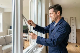 Technicien mesurant un cadre de fenêtre à double vitrage dans une maison moderne pour optimiser l'efficacité énergétique