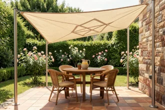 Terrasse en bois ombragée par une voile solaire triangulaire tendue sur des poteaux en acier, avec table et chaises en rotin dans un jardin verdoyant