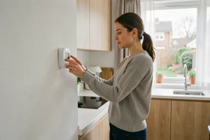 Femme réglant un thermostat connecté dans une cuisine moderne lors de son emménagement pour optimiser la consommation d'énergie