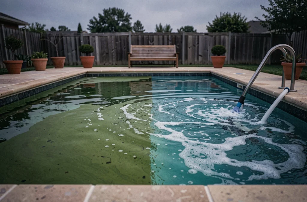 Piscine en cours de traitement au chlore choc montrant la transition entre eau verte et eau claire