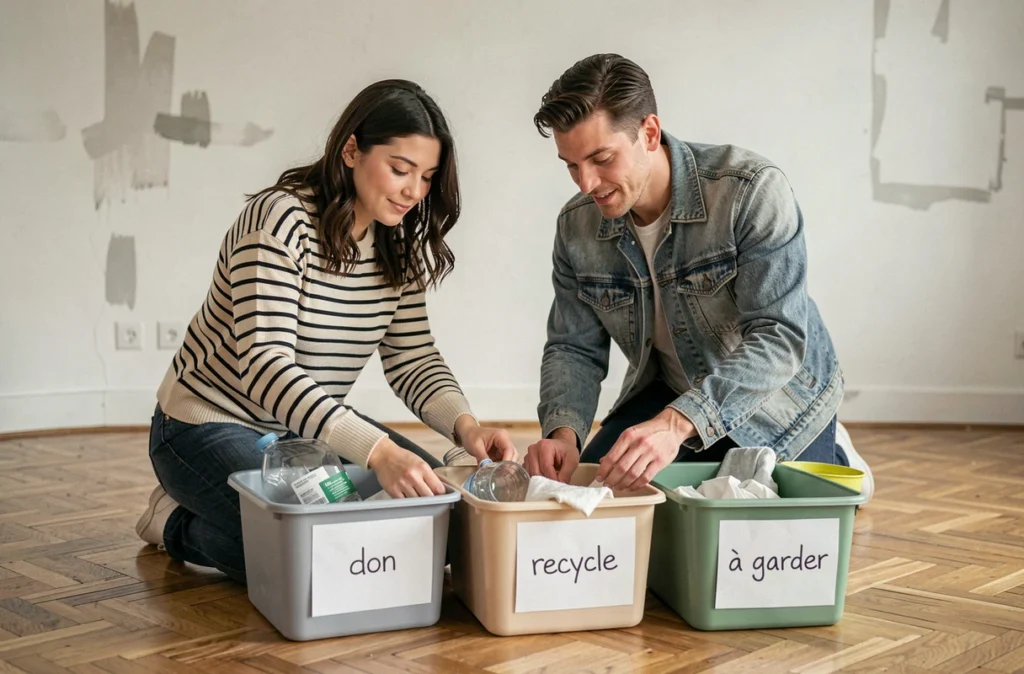 Deux amis triant leurs affaires en catégories don et recyclage avant un déménagement éco-responsable