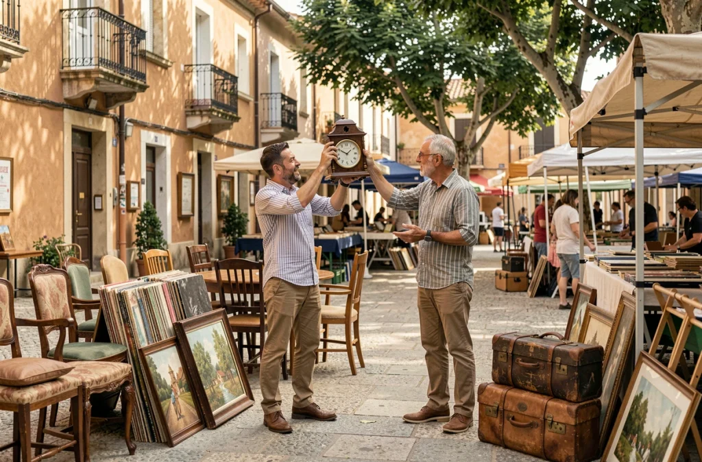 Homme inspectant une horloge ancienne lors d'un vide grenier en plein air dans un quartier de Montpellier aux façades méditerranéennes