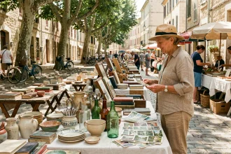 Femme explorant les étals d'un vide grenier de quartier à Montpellier, avec des objets vintage sur des tables en bois sous les platanes