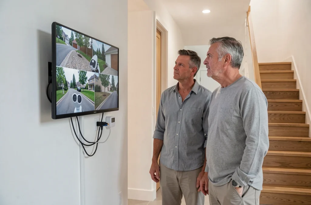 Couple consultant un écran de vidéosurveillance connecté dans le couloir de leur maison sécurisée