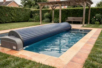 Volet roulant solaire installé sur une piscine rectangulaire dans un jardin résidentiel, slats bleus semi-ouverts sur l'eau