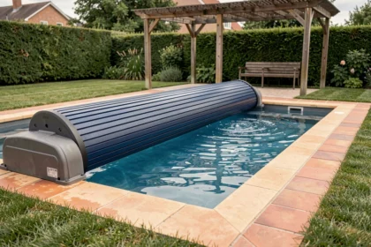 Volet roulant solaire installé sur une piscine rectangulaire dans un jardin résidentiel, slats bleus semi-ouverts sur l'eau