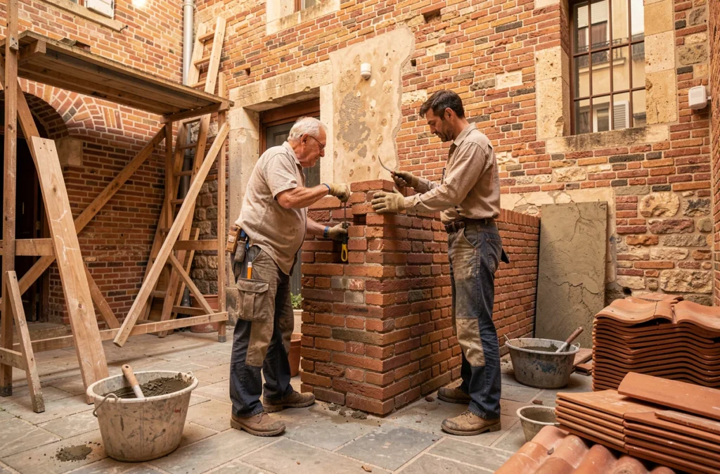 Deux maçons de Baudin Et Mercier Construction, père et fils, érigeant un mur en briques traditionnelles dans une cour historique lyonnaise