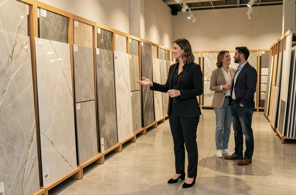 Showroom de Carreau Sol avec exposition de carreaux grand format et conseillère accompagnant des clients