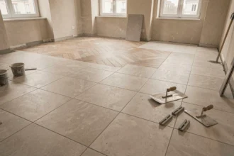 Chantier de carrelage professionnel dans un appartement du Val-de-Marne avec pose de grands carreaux en cours