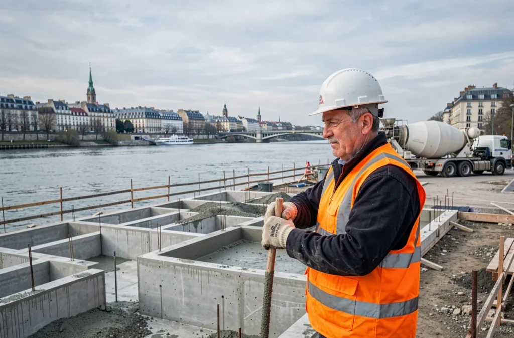 Maçon Compao supervisant un coulage de béton sur un chantier résidentiel en bord de Saône à La Mulatière, avec la skyline de Lyon en arrière-plan