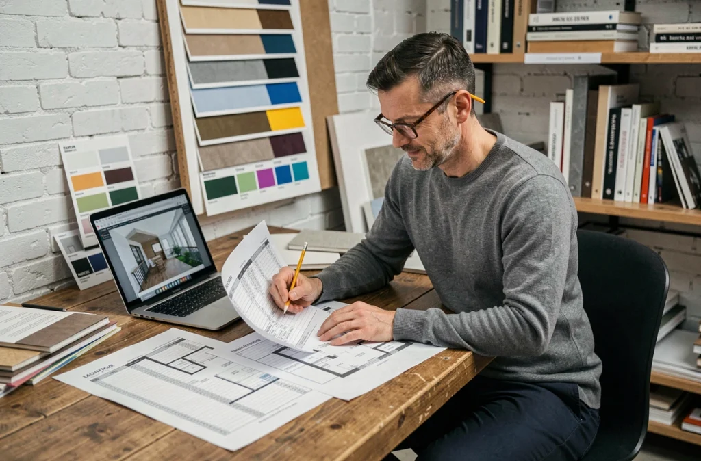 Décorateur intérieur analysant un devis et des plans d'aménagement dans son studio de design professionnel