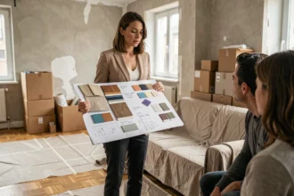 Décoratrice intérieure présentant un moodboard à son client dans un appartement en cours de rénovation