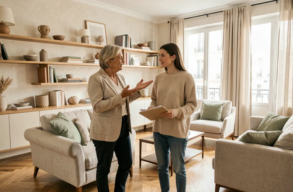 Décoratrice intérieure et cliente découvrant le résultat final d'un projet de décoration dans un appartement parisien rénové