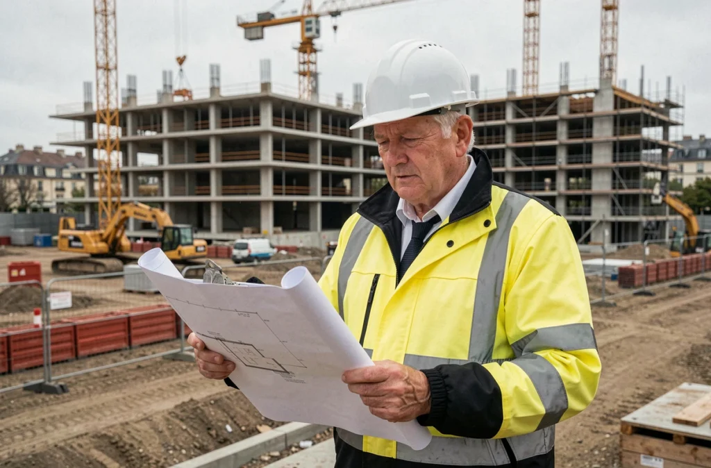 Chef de projet de D.I. Grands Projets examinant des plans architecturaux devant un grand chantier de construction à Lyon avec grues et structures en béton