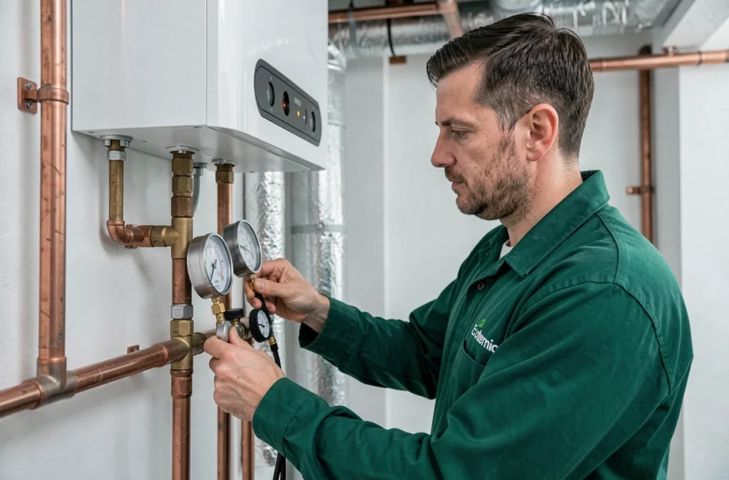 Technicien Ecotermic contrôlant la pression d'un système de pompe à chaleur avec un manomètre