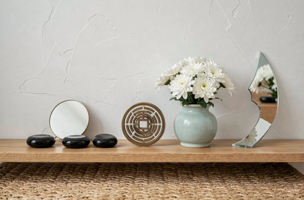 Étagère feng shui avec miroir intact, pierres obsidienne et symbole Bagua contrastant avec un fragment de miroir brisé, symbolisant les erreurs à éviter