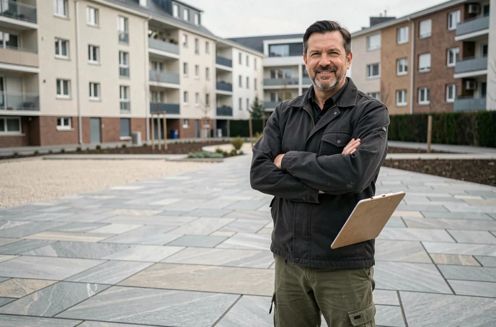 Professionnel d'Eurodalles devant un chantier de dallage extérieur terminé en Val-de-Marne